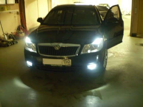 На фото – Шкода Октавия с включенными галогенными ПТФ