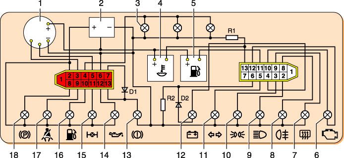 Схема соединений контрольных ламп и приборов ВАЗ 21213 1997 г.в.