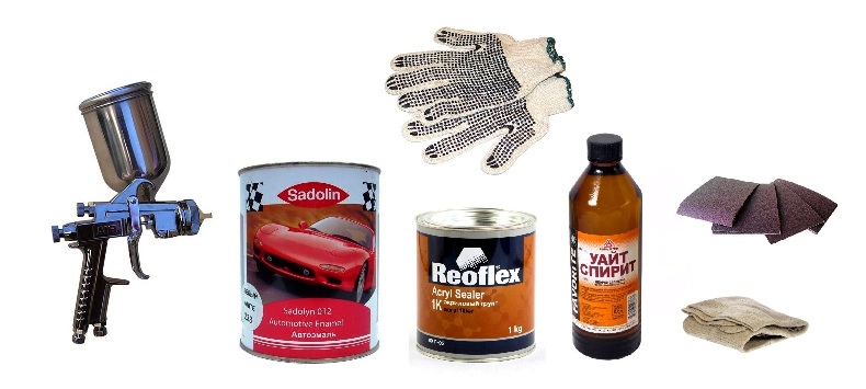 Краска, грунт, окрасочный пистолет, уайт-спирит, перчатки, шлифшкурка и ветошь Краска, грунт, окрасочный пистолет, уайт-спирит, перчатки, шлифшкурка и ветошь