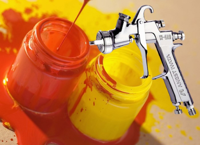 Два цвета краски и покрасочный пистолет Два цвета краски и покрасочный пистолет