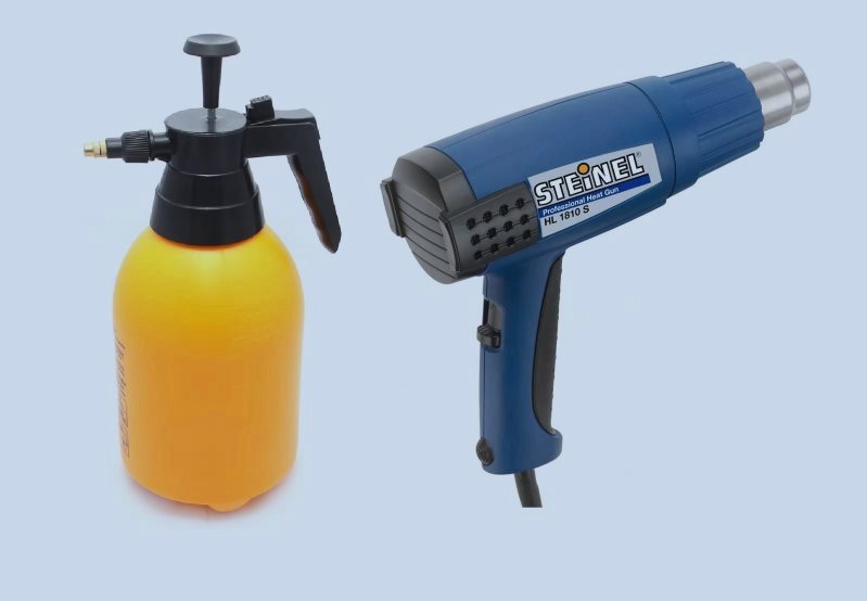 Распылитель с мыльным раствором и строительный фен Распылитель с мыльным раствором и строительный фен