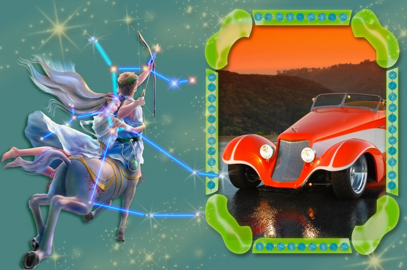 Знак зодиака Стрелец и оранжевая машина Знак зодиака Стрелец и оранжевая машина